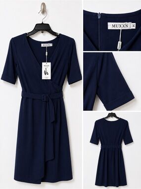 🔥MUXXN Navy Blue Wrap-Style Belted Dress